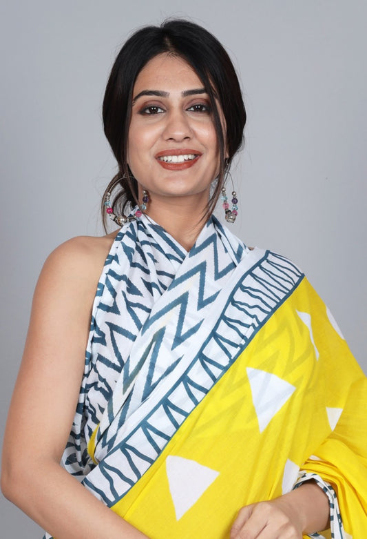 Pompom Lace Yellow Triangle Jaipuri/Bagru Print Pure Soft Cotton Mulmul Saree With Blouse Piece