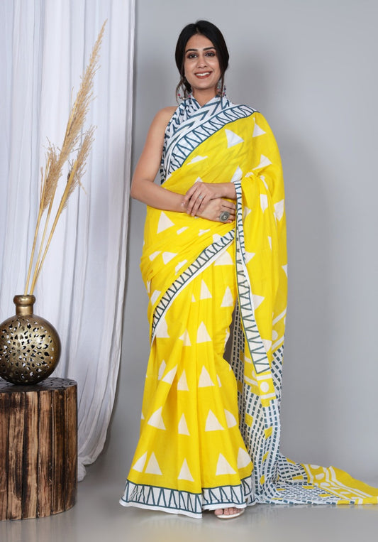 Pompom Lace Yellow Triangle Jaipuri/Bagru Print Pure Soft Cotton Mulmul Saree With Blouse Piece