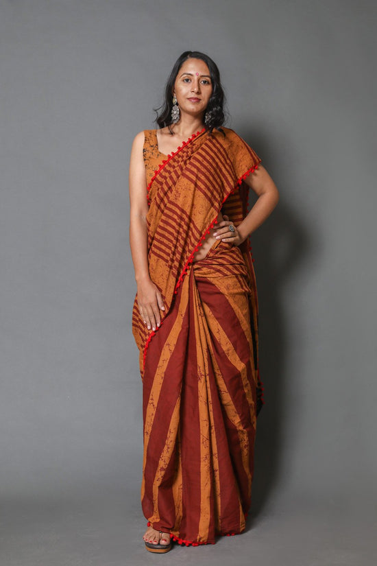 Pompom Lace Mulmul Cotton Saree (Brown)
