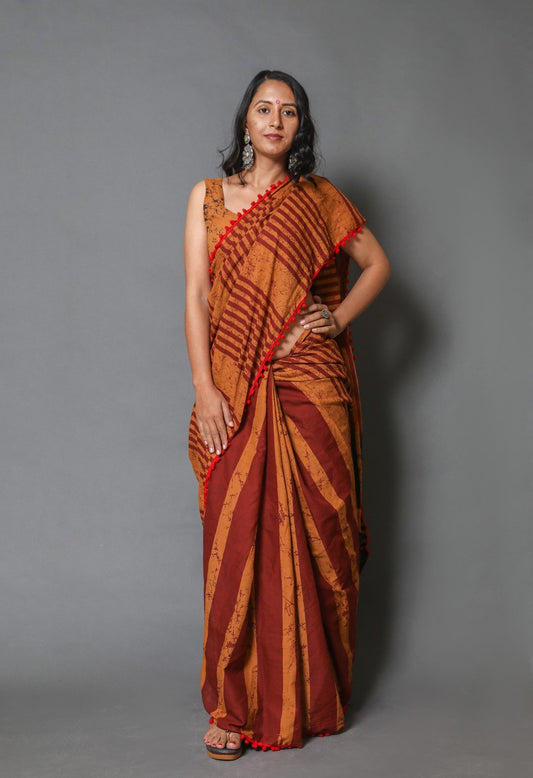 Pompom Lace Mulmul Cotton Saree (Brown)