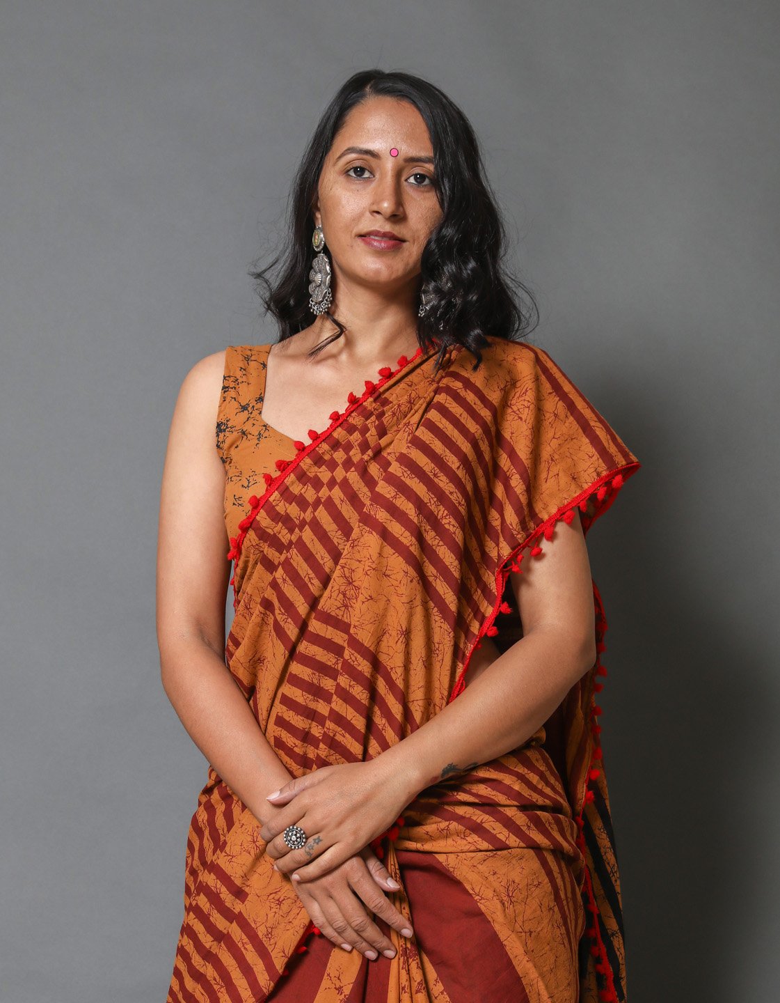 Pompom Lace Mulmul Cotton Saree (Brown)