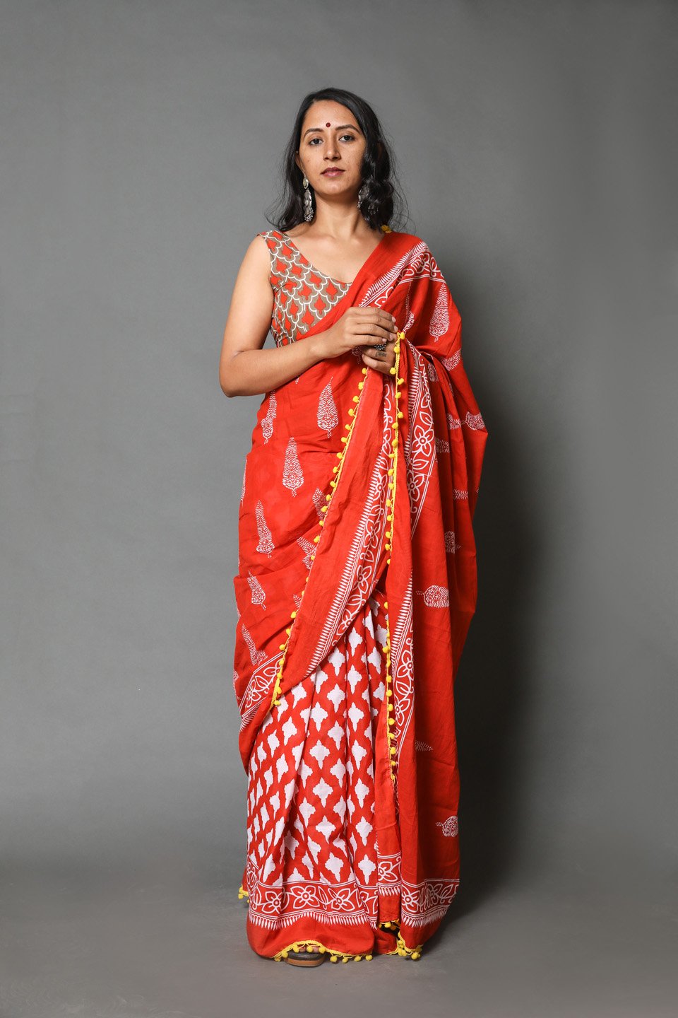 Pompom Lace Mulmul Cotton Saree (Red)