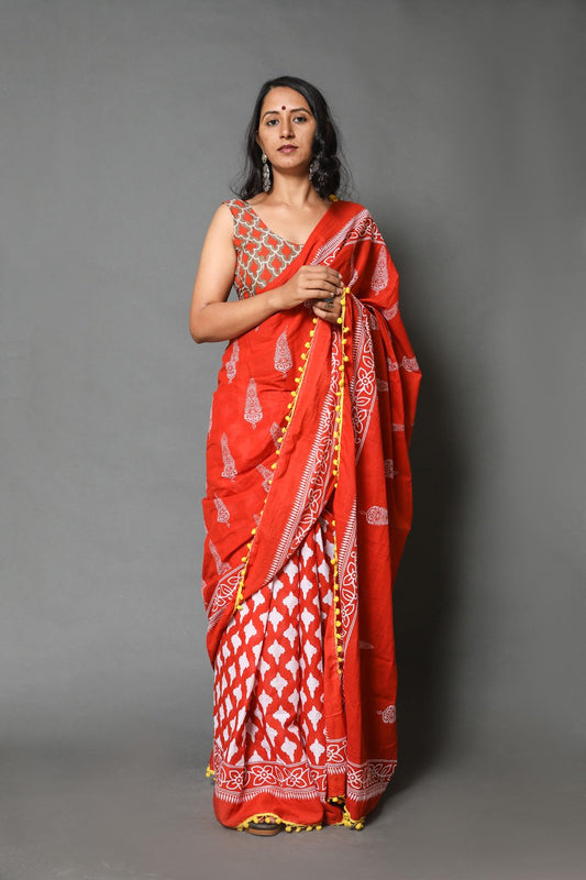 Pompom Lace Mulmul Cotton Saree (Red)