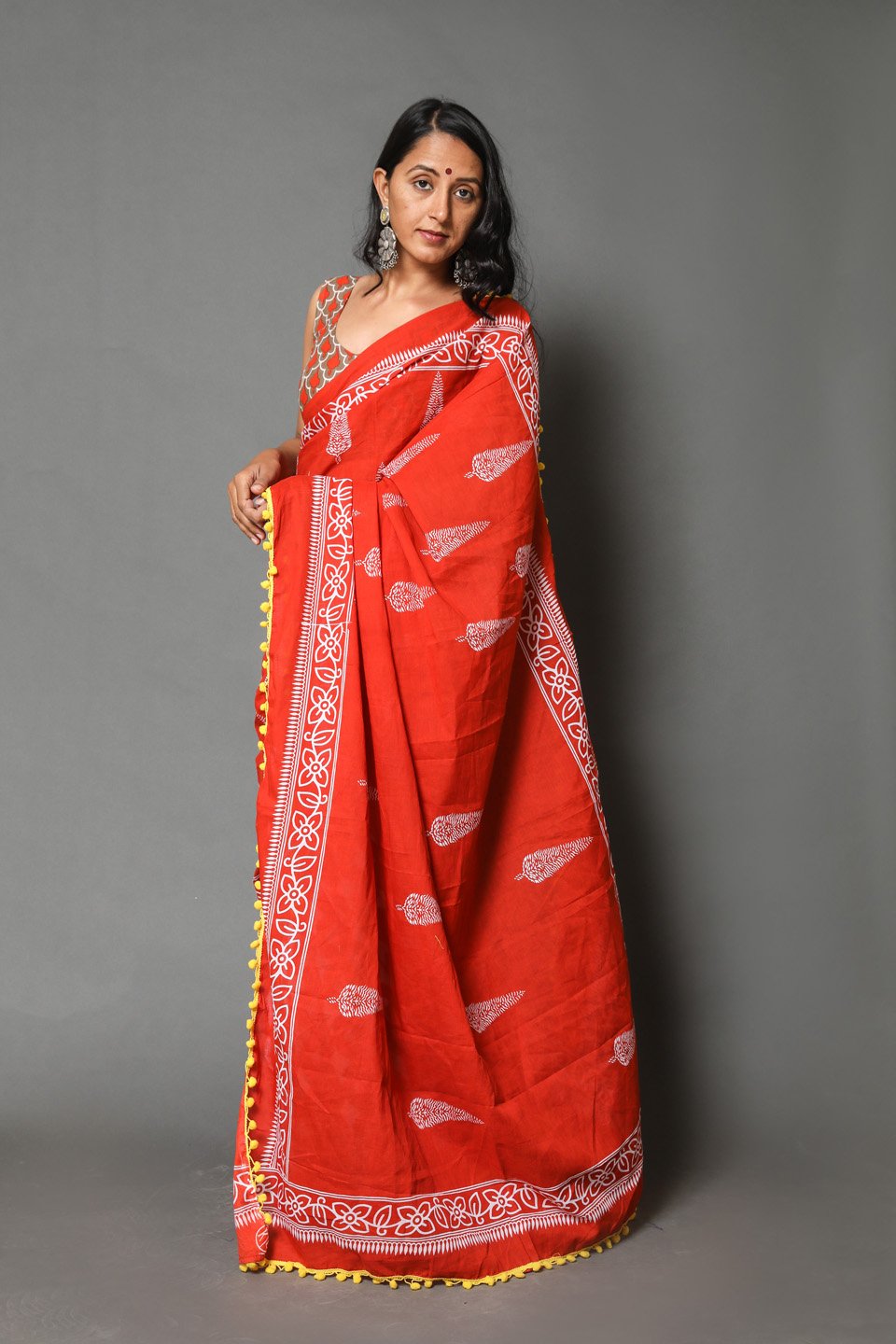 Pompom Lace Mulmul Cotton Saree (Red)