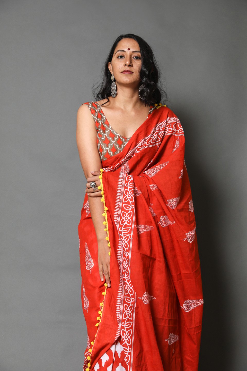 Pompom Lace Mulmul Cotton Saree (Red)