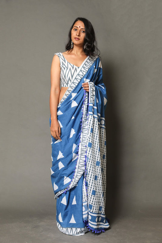 Pompom Lace Mulmul Cotton Saree (Blue)