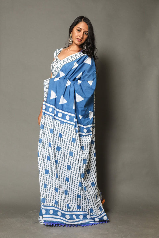 Pompom Lace Mulmul Cotton Saree (Blue)
