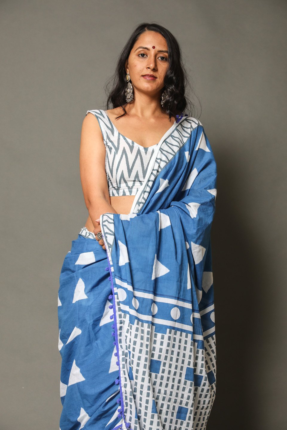 Pompom Lace Mulmul Cotton Saree (Blue)