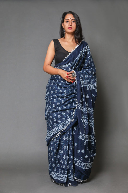 Pompom Lace Mulmul Cotton Saree (Navy Blue)