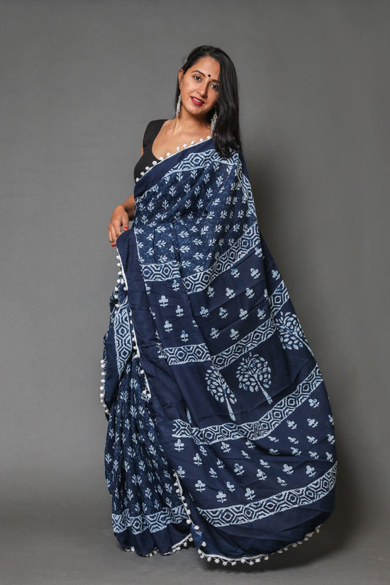 Pompom Lace Mulmul Cotton Saree (Navy Blue)