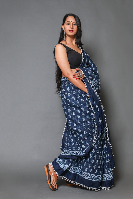 Pompom Lace Mulmul Cotton Saree (Navy Blue)