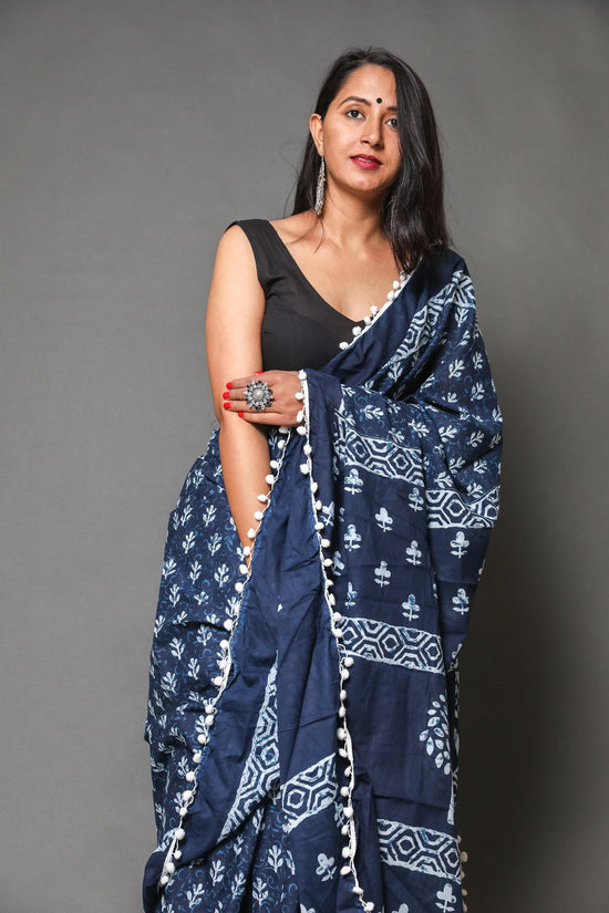 Pompom Lace Mulmul Cotton Saree (Navy Blue)