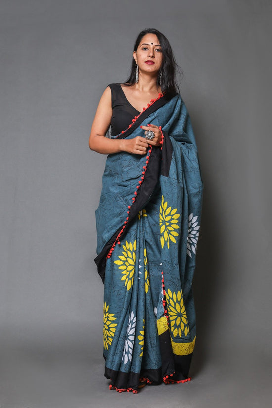 Pompom Lace Mulmul Cotton Saree (Floral Print)