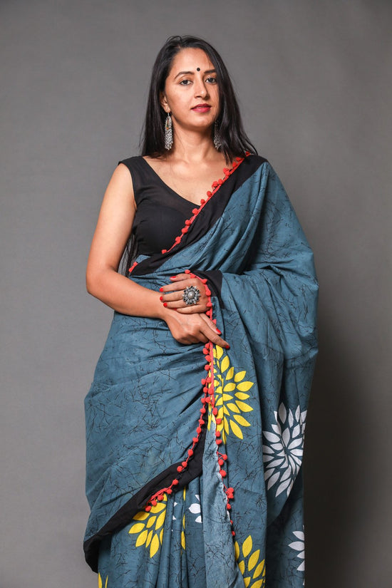 Pompom Lace Mulmul Cotton Saree (Floral Print)