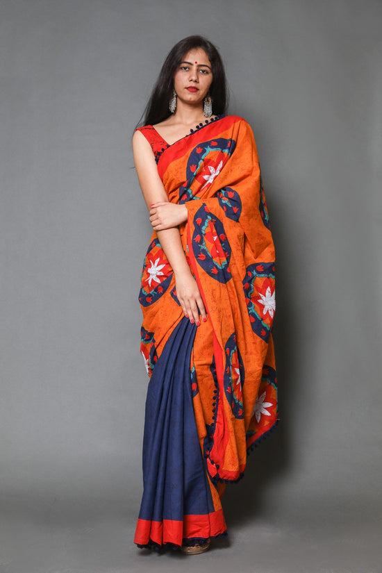 Pompom Lace Mulmul Cotton Saree (Orange)