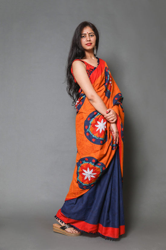 Pompom Lace Mulmul Cotton Saree (Orange)