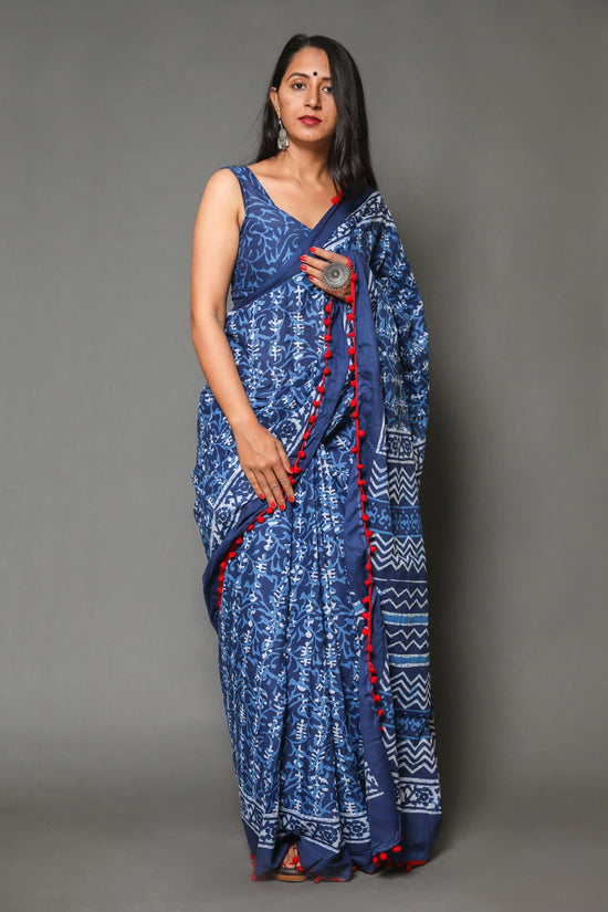 Pompom Lace Jaipuri Print Pure Soft Cotton Mulmul Saree With Blouse Piece