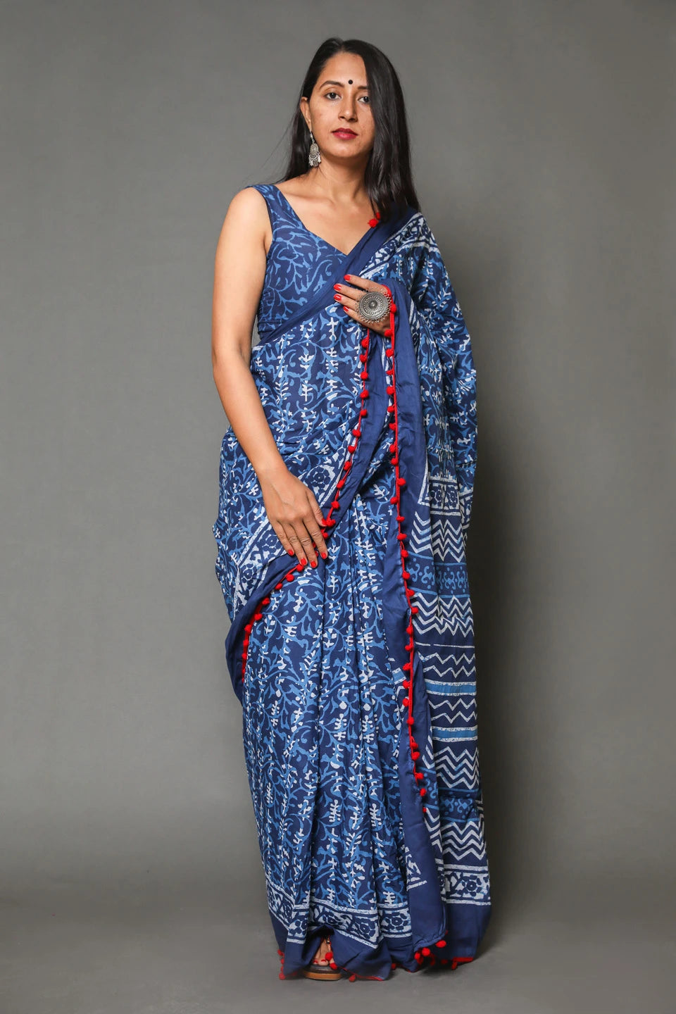 Pompom Lace Jaipuri Print Pure Soft Cotton Mulmul Saree With Blouse Piece