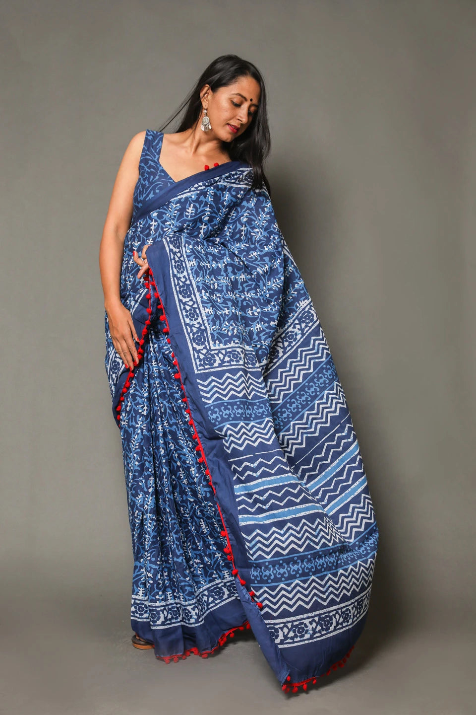 Pompom Lace Jaipuri Print Pure Soft Cotton Mulmul Saree With Blouse Piece