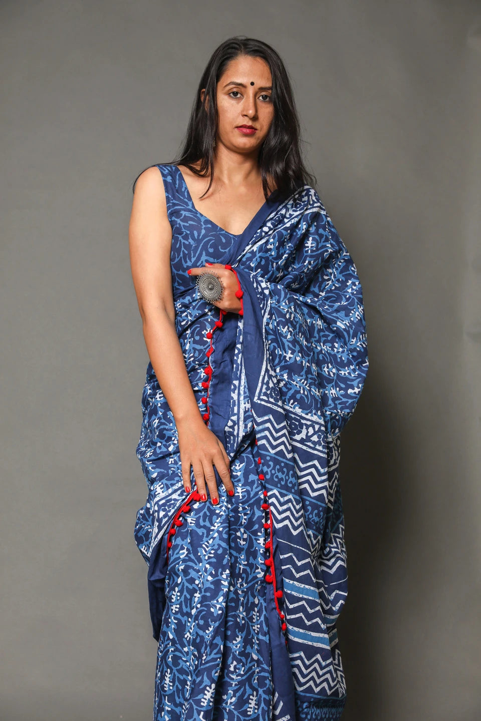 Pompom Lace Jaipuri Print Pure Soft Cotton Mulmul Saree With Blouse Piece
