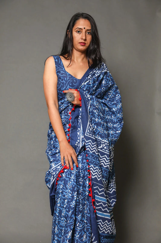 Pompom Lace Jaipuri Print Pure Soft Cotton Mulmul Saree With Blouse Piece