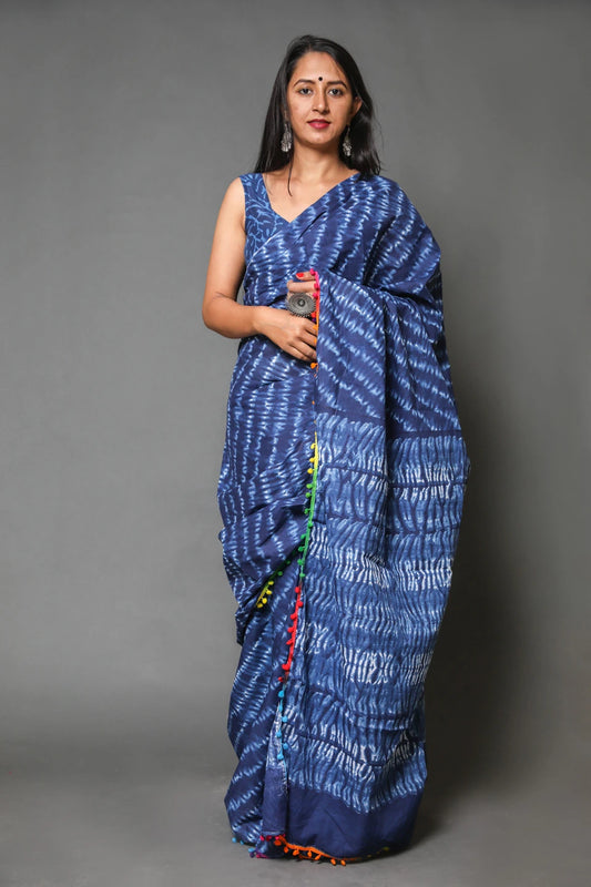 Pompom Lace Jaipuri Print Pure Soft Cotton Mulmul Saree With Blouse Piece