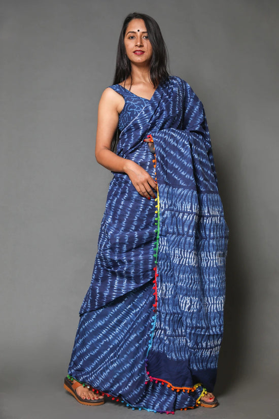Pompom Lace Jaipuri Print Pure Soft Cotton Mulmul Saree With Blouse Piece