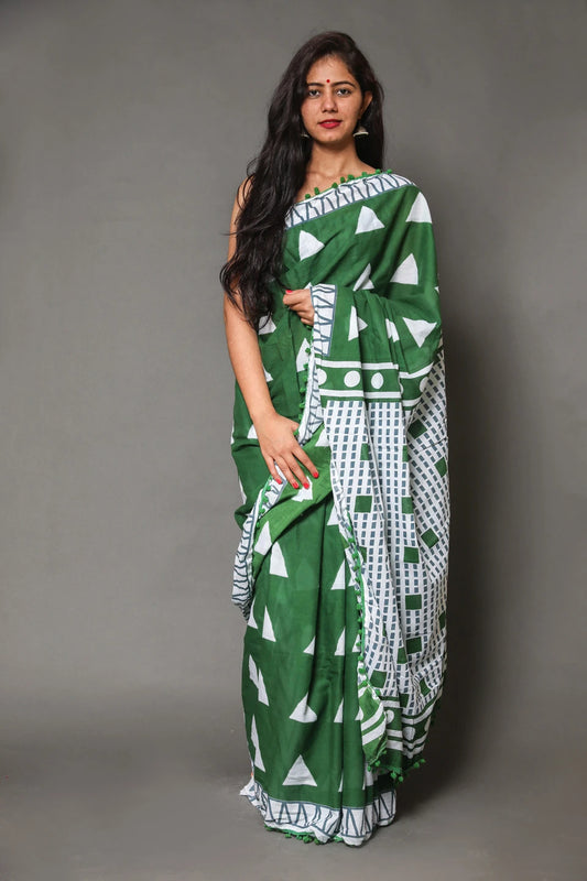 Pompom Lace Jaipuri Print Pure Soft Cotton Mulmul Saree With Blouse Piece