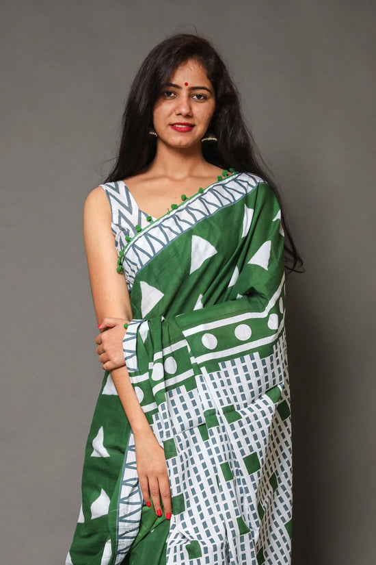 Pompom Lace Jaipuri Print Pure Soft Cotton Mulmul Saree With Blouse Piece