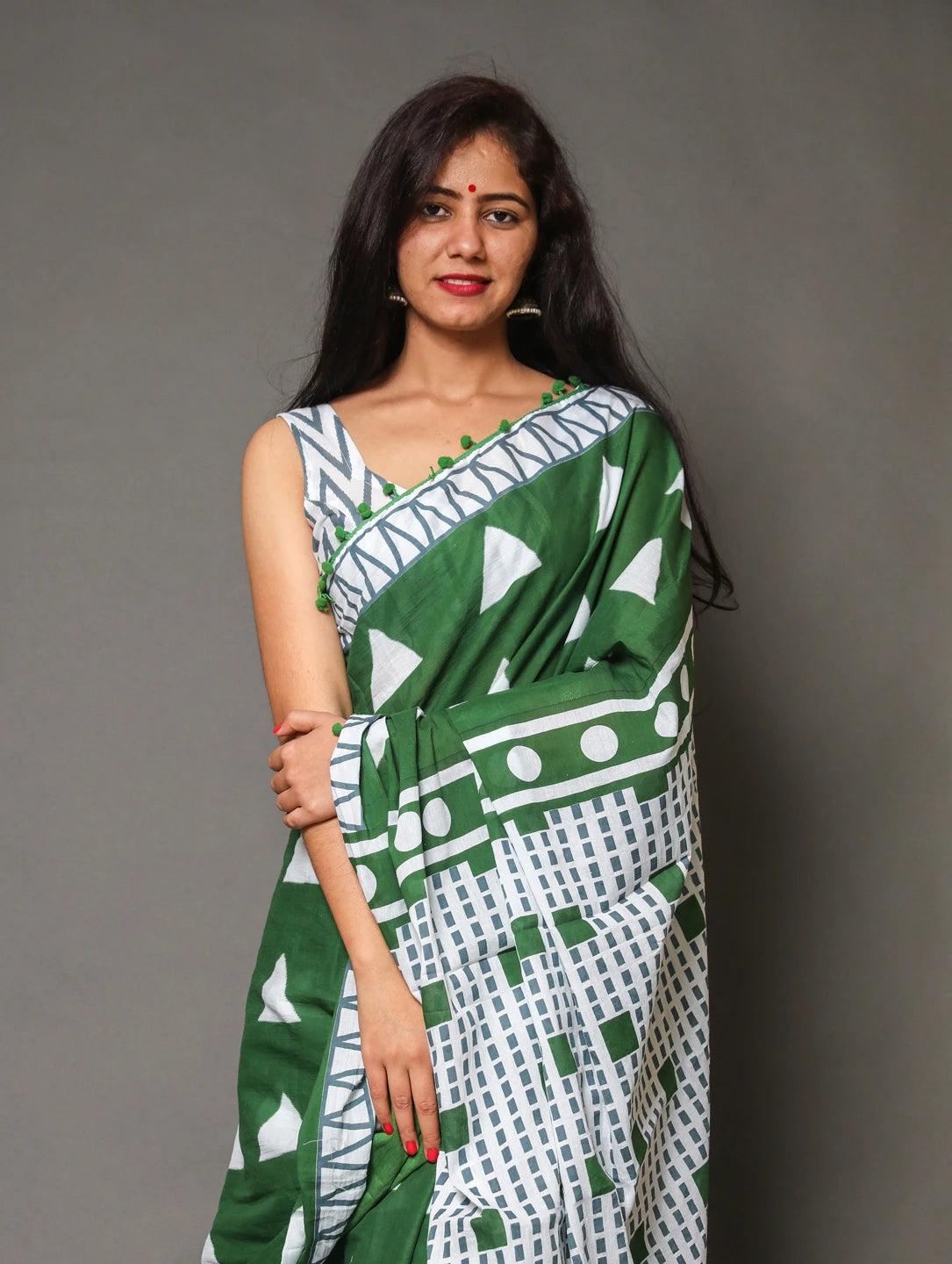 Pompom Lace Jaipuri Print Pure Soft Cotton Mulmul Saree With Blouse Piece