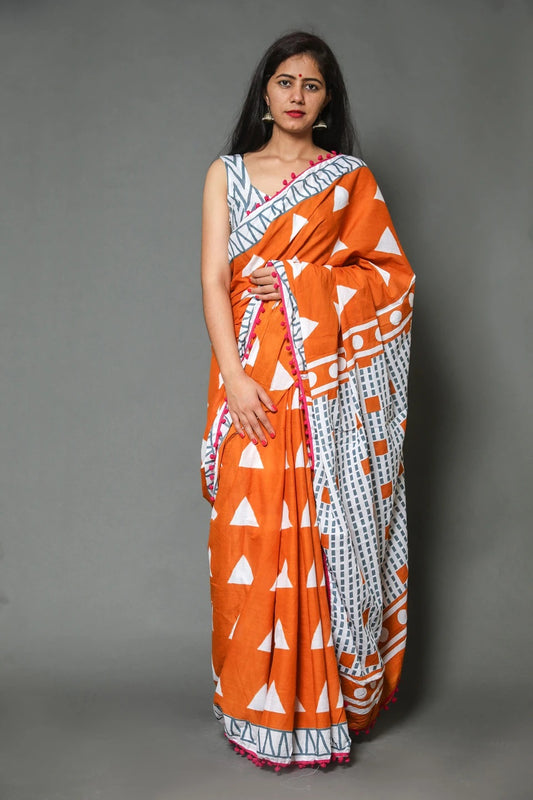 Pompom Lace Jaipuri Print Pure Soft Cotton Mulmul Saree With Blouse Piece (Orange)
