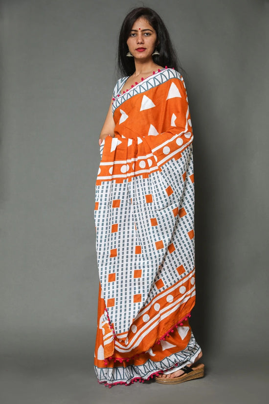Pompom Lace Jaipuri Print Pure Soft Cotton Mulmul Saree With Blouse Piece (Orange)