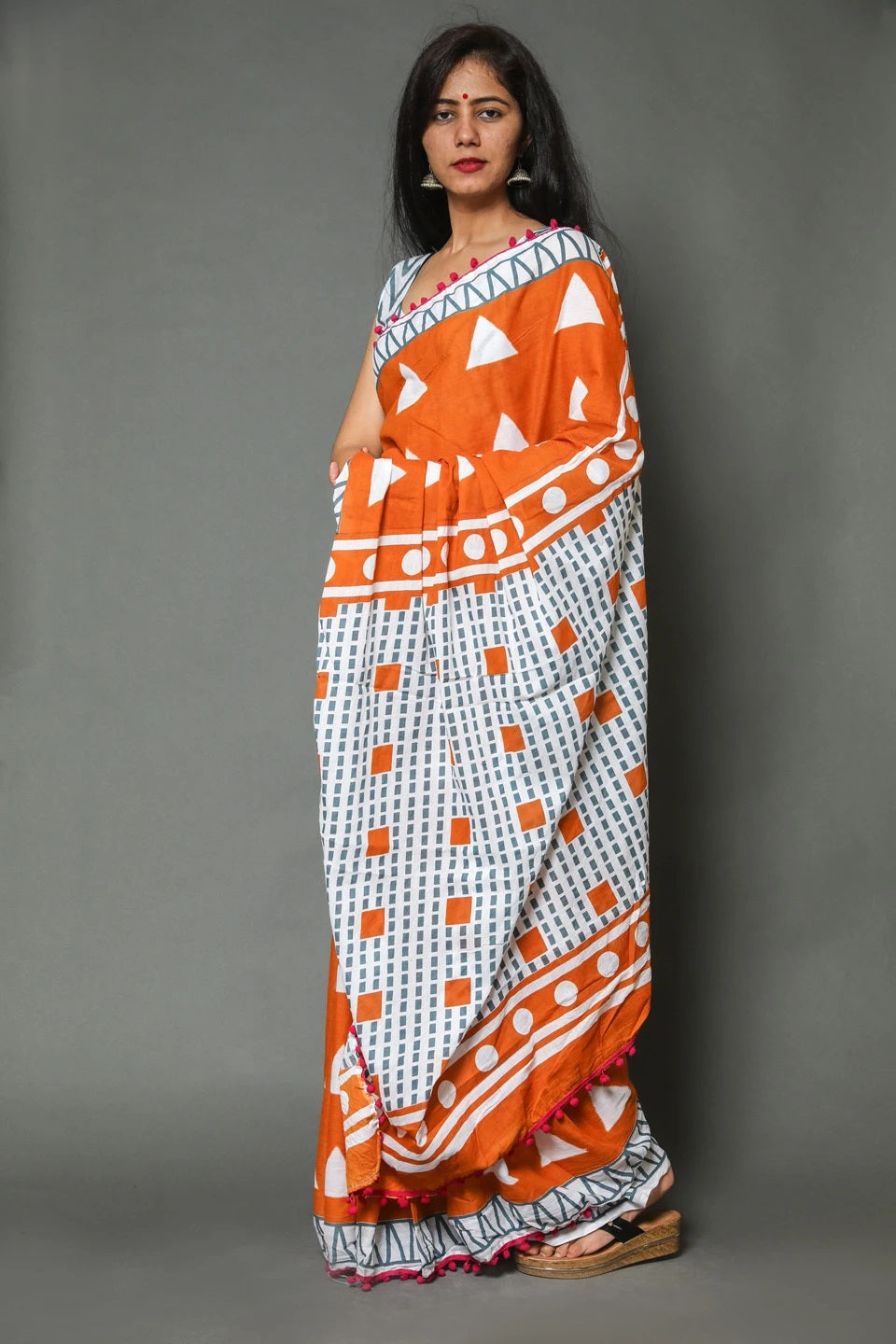 Pompom Lace Jaipuri Print Pure Soft Cotton Mulmul Saree With Blouse Piece (Orange)