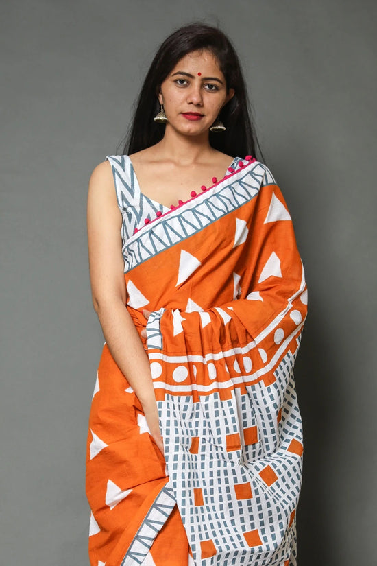 Pompom Lace Jaipuri Print Pure Soft Cotton Mulmul Saree With Blouse Piece (Orange)