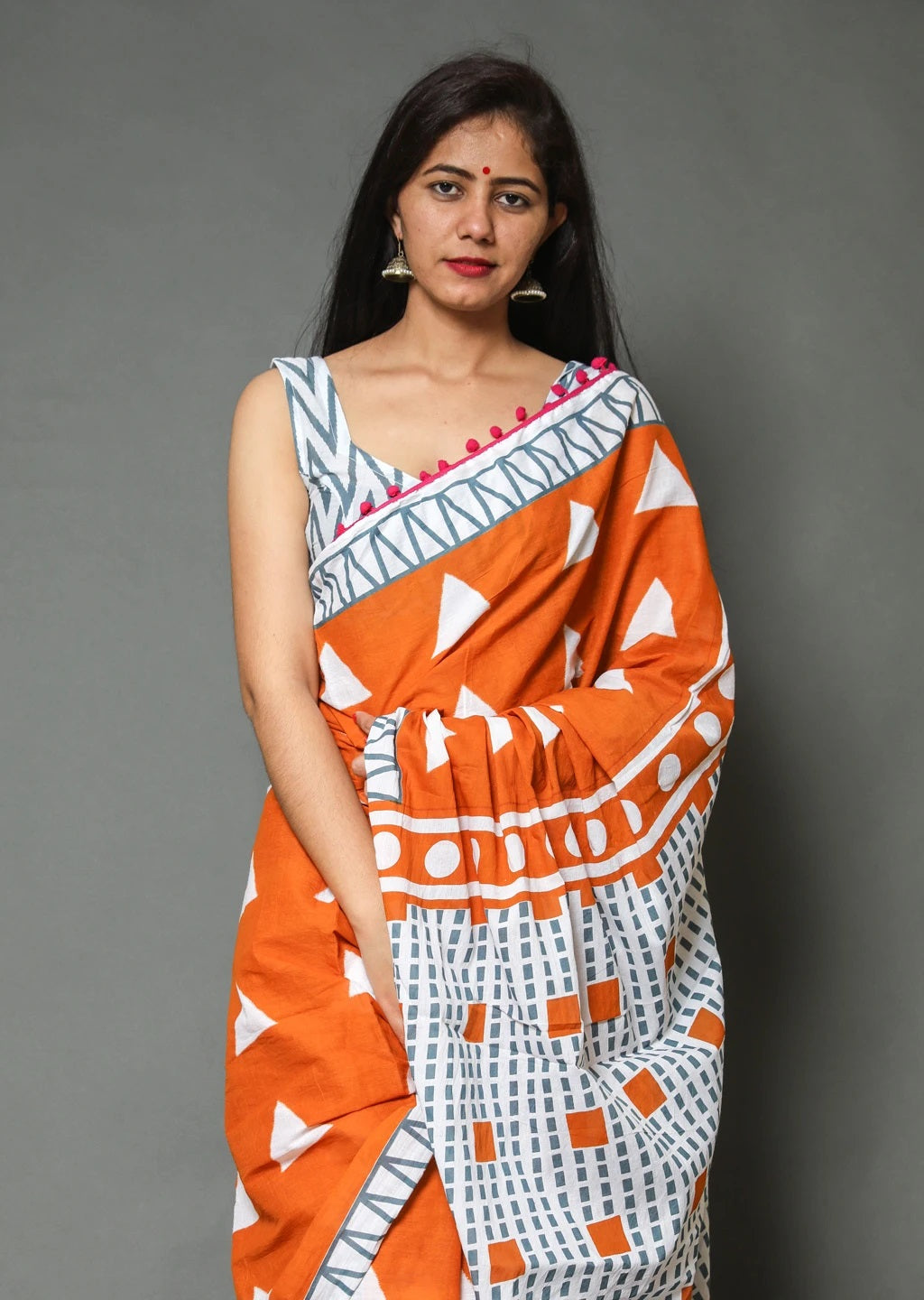 Pompom Lace Jaipuri Print Pure Soft Cotton Mulmul Saree With Blouse Piece (Orange)