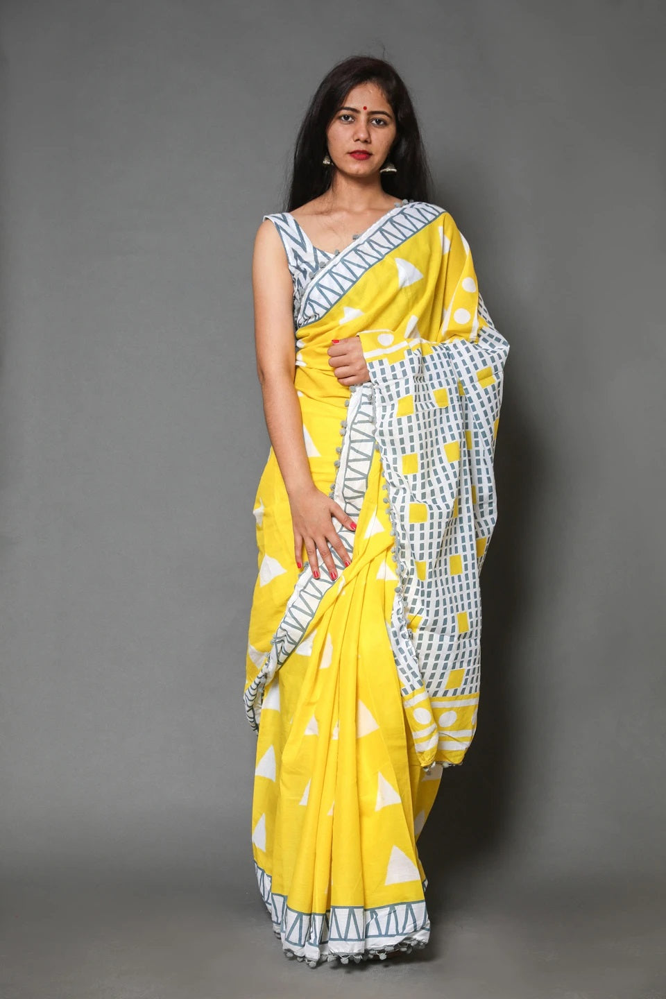 Pompom Lace Yellow Triangle Jaipuri/Bagru Print Pure Soft Cotton Mulmul Saree With Blouse Piece