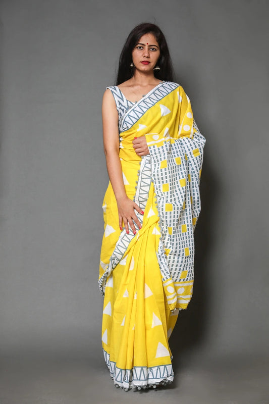 Pompom Lace Yellow Triangle Jaipuri/Bagru Print Pure Soft Cotton Mulmul Saree With Blouse Piece