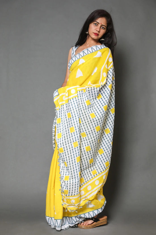 Pompom Lace Yellow Triangle Jaipuri/Bagru Print Pure Soft Cotton Mulmul Saree With Blouse Piece