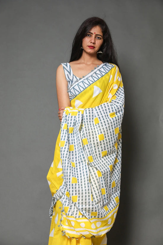 Pompom Lace Yellow Triangle Jaipuri/Bagru Print Pure Soft Cotton Mulmul Saree With Blouse Piece
