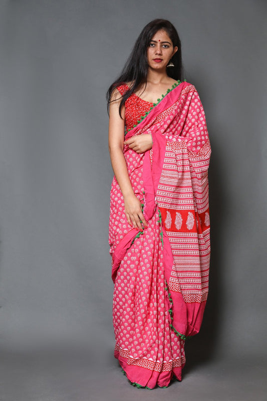 Pompom Lace Pink Buti Jaipuri/Bagru Print Pure Soft Cotton Mulmul Saree With Blouse Piece