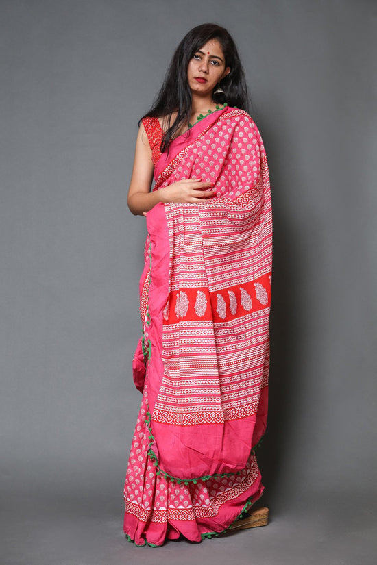 Pompom Lace Pink Buti Jaipuri/Bagru Print Pure Soft Cotton Mulmul Saree With Blouse Piece