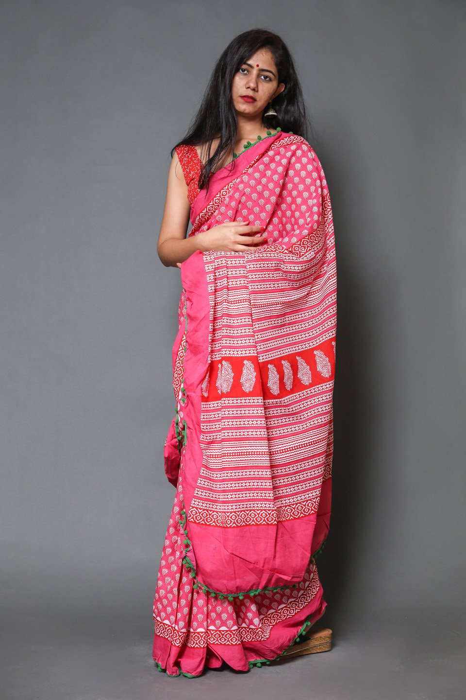 Pompom Lace Pink Buti Jaipuri/Bagru Print Pure Soft Cotton Mulmul Saree With Blouse Piece