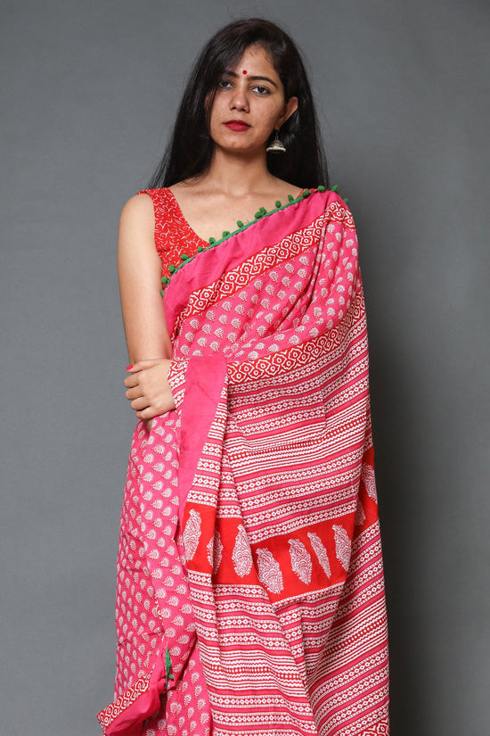 Pompom Lace Pink Buti Jaipuri/Bagru Print Pure Soft Cotton Mulmul Saree With Blouse Piece