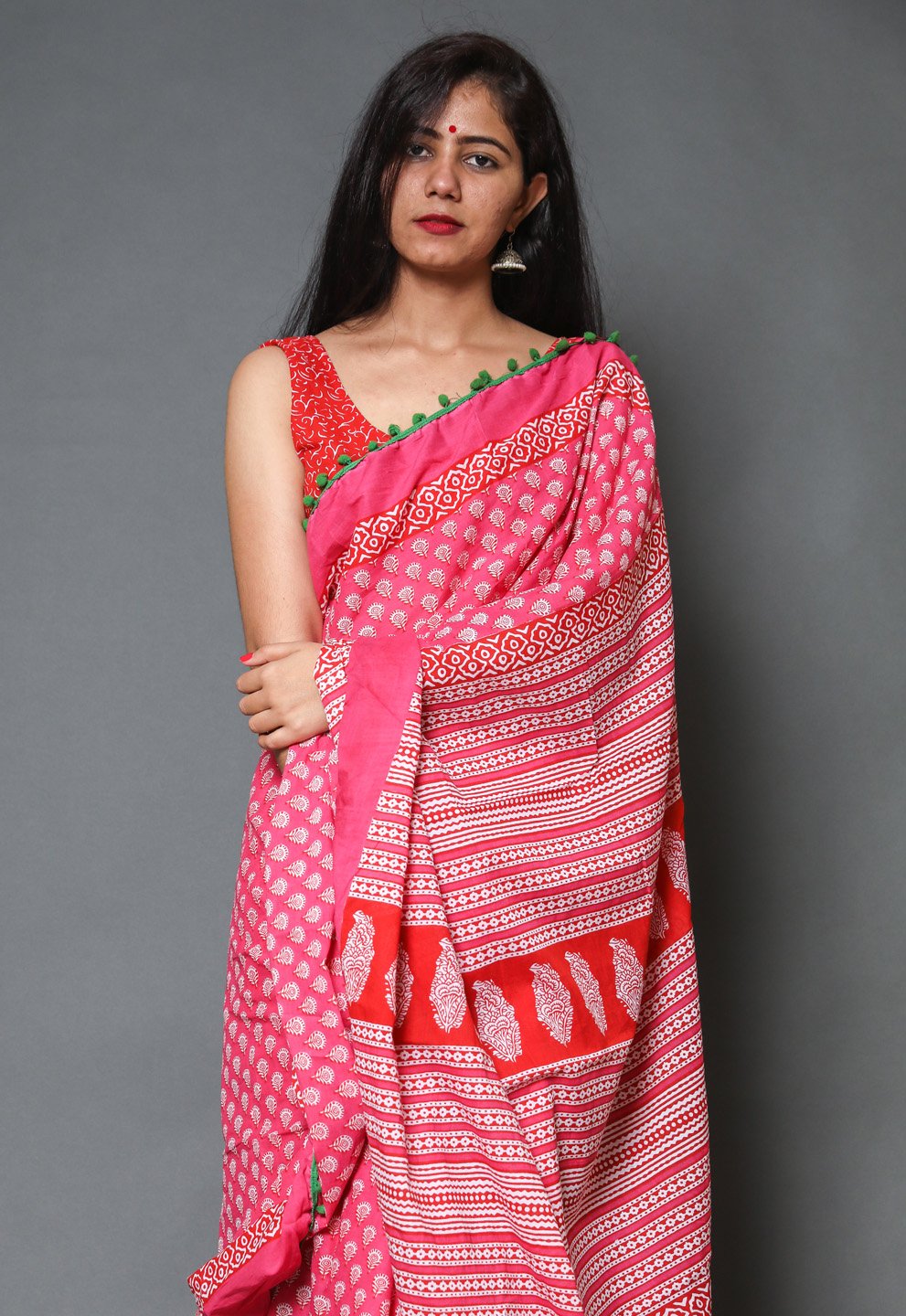 Pompom Lace Pink Buti Jaipuri/Bagru Print Pure Soft Cotton Mulmul Saree With Blouse Piece