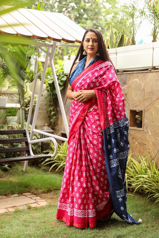 Red Pure Soft Cotton Mulmul Saree with Zari Border and Blouse Piece – Hand Block Printed with Organic Vegetable Dyes