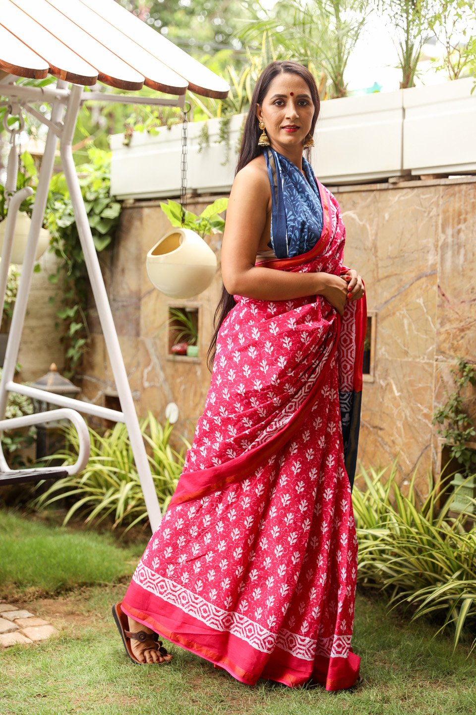 Red Pure Soft Cotton Mulmul Saree with Zari Border and Blouse Piece – Hand Block Printed with Organic Vegetable Dyes