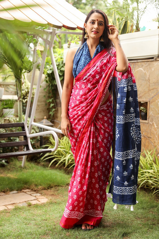Red Pure Soft Cotton Mulmul Saree with Zari Border and Blouse Piece – Hand Block Printed with Organic Vegetable Dyes
