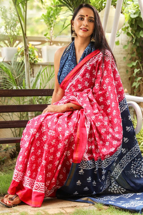 Red Pure Soft Cotton Mulmul Saree with Zari Border and Blouse Piece – Hand Block Printed with Organic Vegetable Dyes