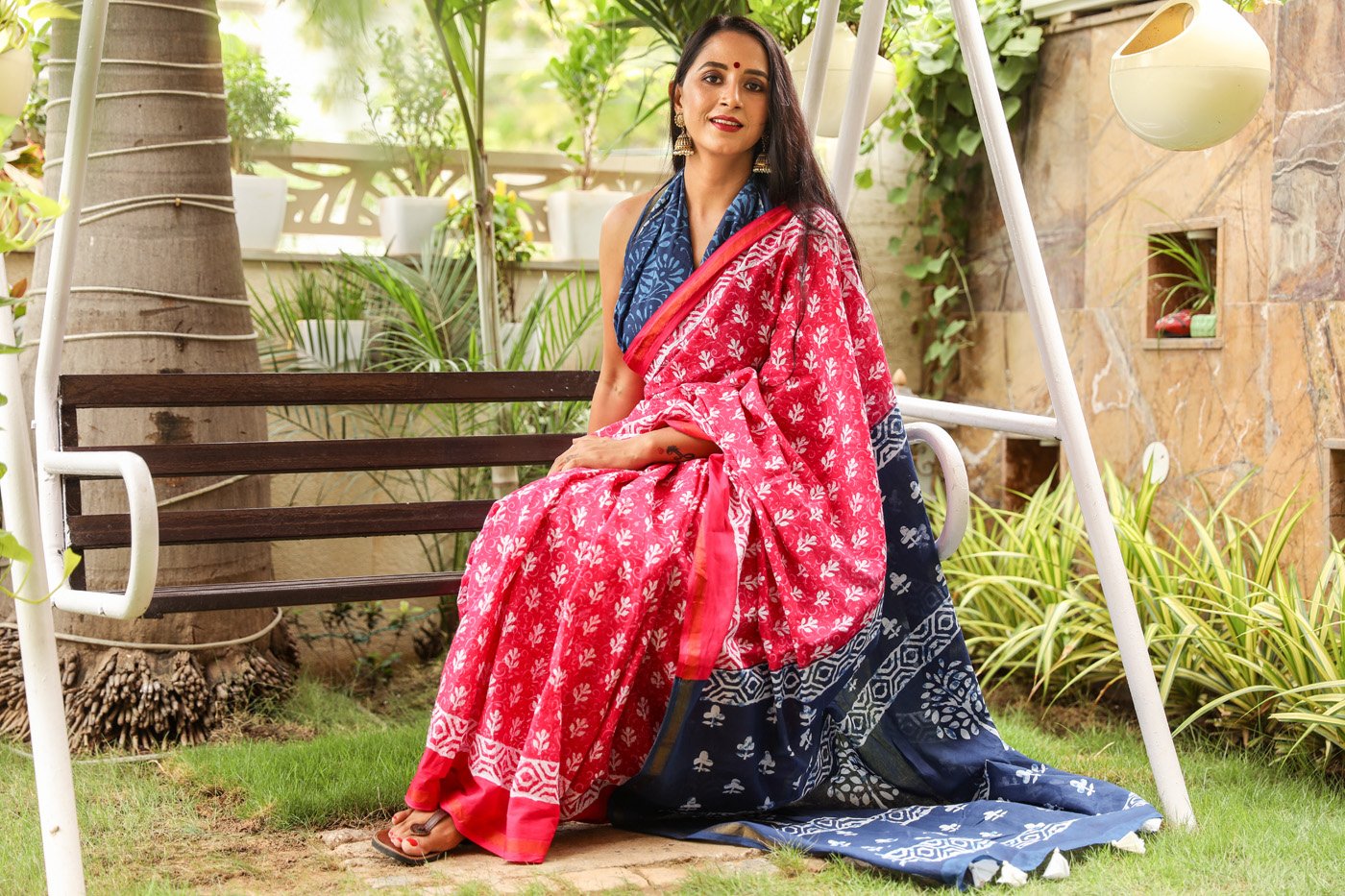 Red Pure Soft Cotton Mulmul Saree with Zari Border and Blouse Piece – Hand Block Printed with Organic Vegetable Dyes