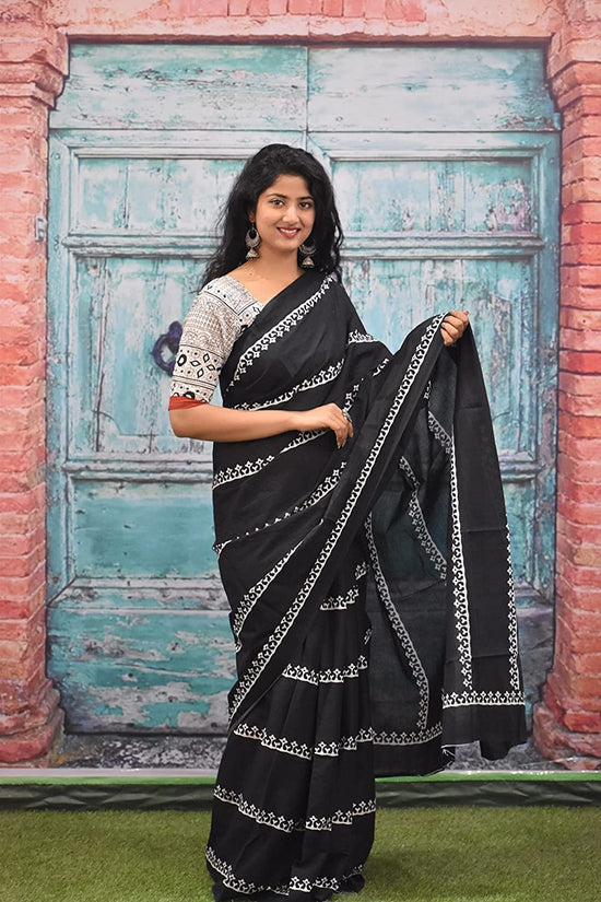 jaipuri, bagru hand block print pure soft cotton mulmul saree with blouse piece (Black)